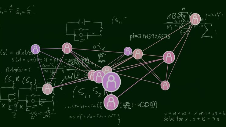 Animation of network of connections with icons over mathematical equations on black background