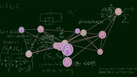 animación de la red de conexiones con iconos sobre ecuaciones matemáticas sobre fondo negro