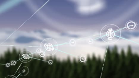 animación de la red de iconos digitales contra el paisaje de invierno.