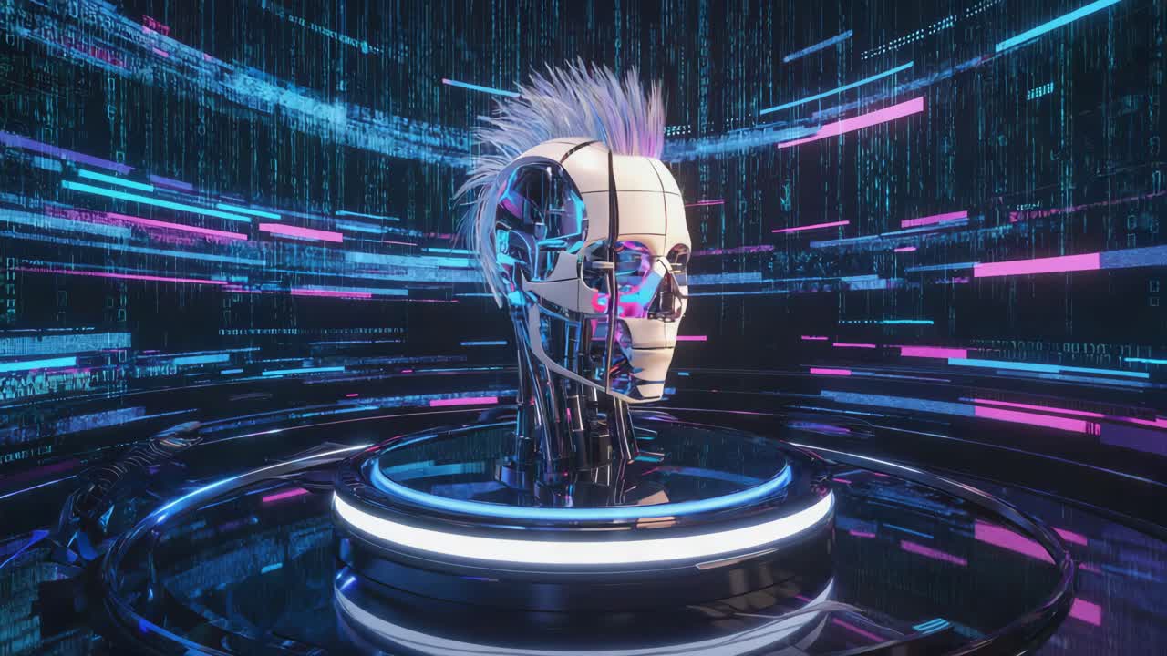 Testa di robot cyberpunk su display digitale