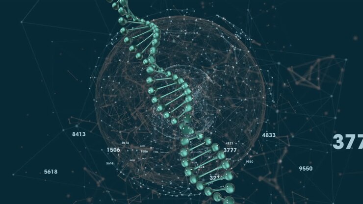 Animation of changing numbers, dna helix against connected dots forming globe and geometric shapes