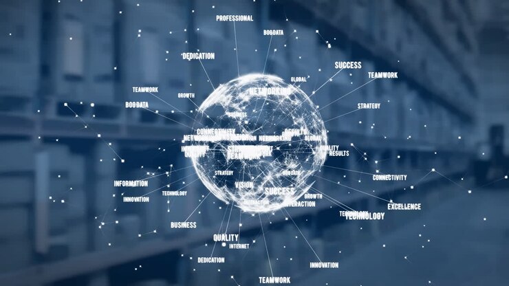 Animation of globe with network of connections over warehouse