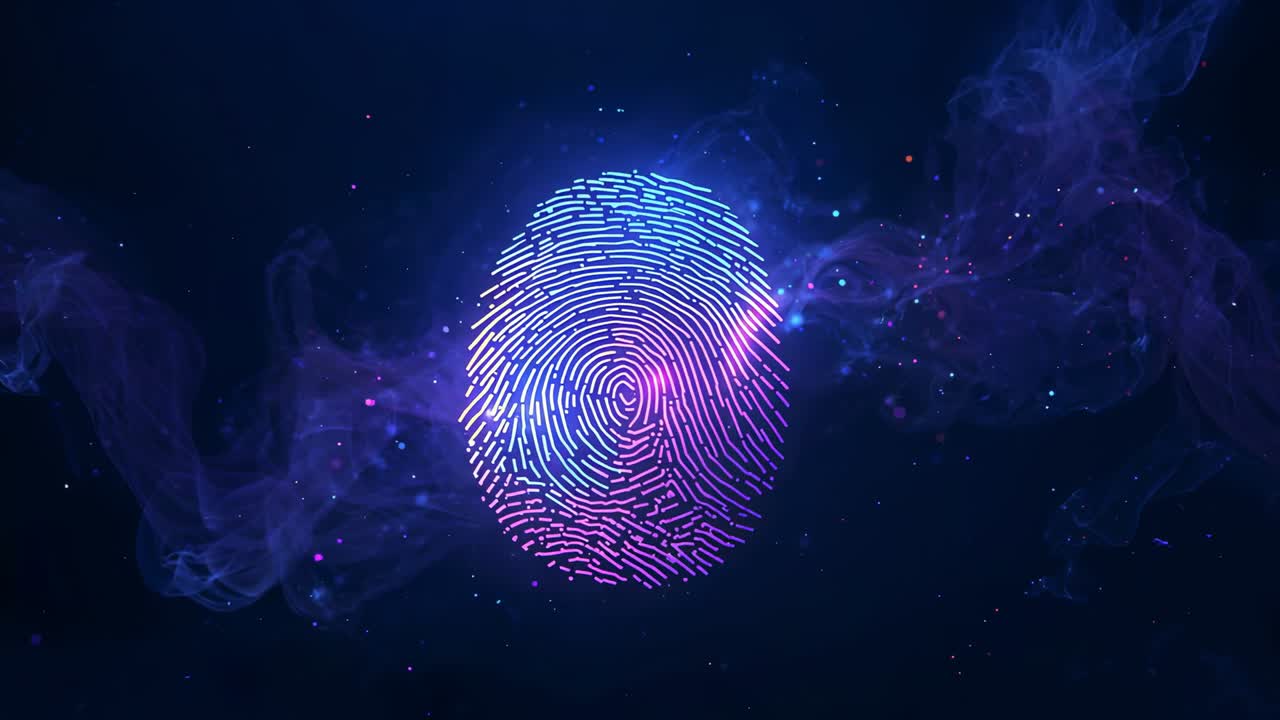 Fading fingerprint initiating scanning while smoke drifting, particles flickering and ring rotating