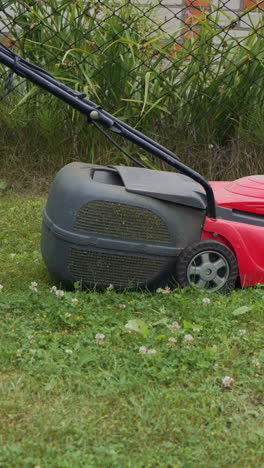 cutting fresh green grass with lawn mower. mowing grass in the garden. outdoor seasonal household works vertical video