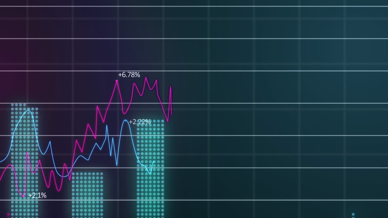 animación del procesamiento de datos financieros sobre una cuadrícula sobre un fondo oscuro
