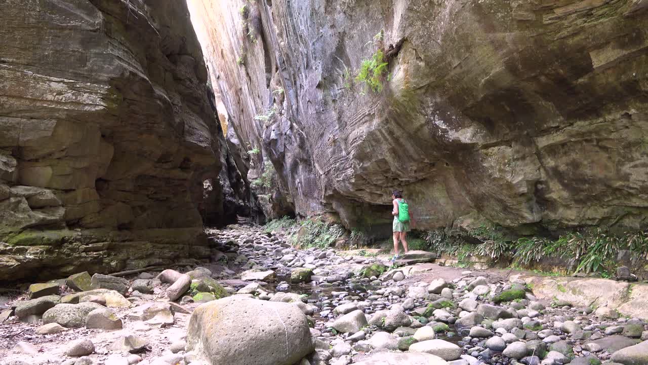 una mujer camina en un profundo desfiladero en el parque nacional de carnarvan, queensland, australia