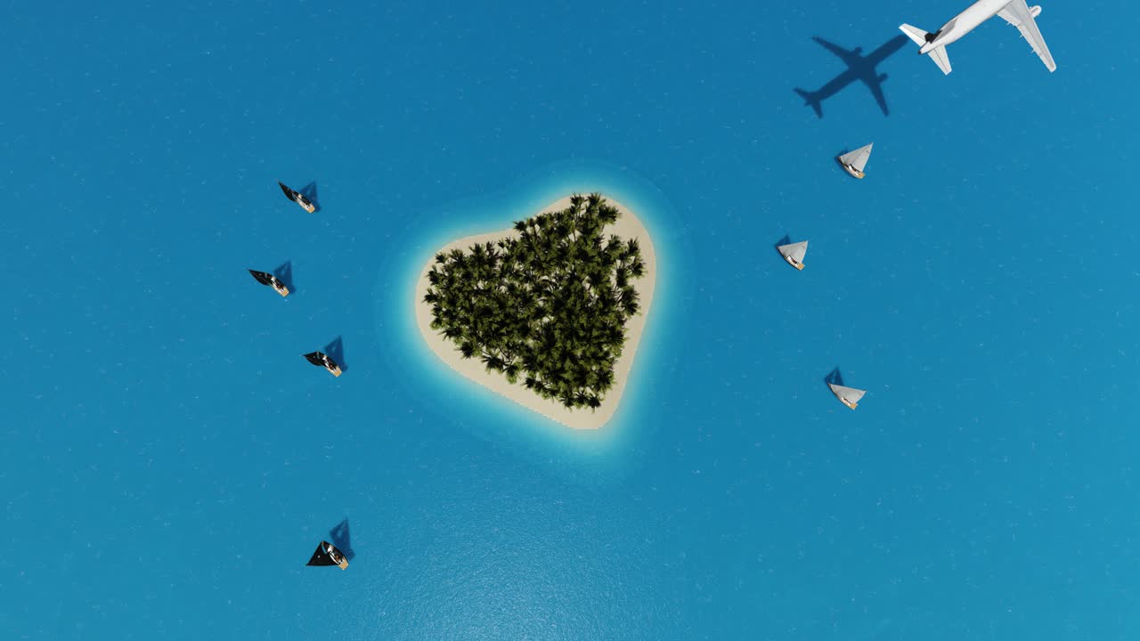 여행 컨셉, 섬 풍경, 파라다이스 바다 풍경, 이국적인 자연, 비즈니스 제트 일러스트레이션, 아름다운 하늘, 3d 비행기 운송 디자인