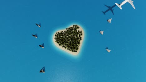 amazing with airplane fly tropical island. travel concept. island landscape. paradise ocean landscape. exotic nature. business jet illustration. beautiful sky. 3d airplane transport design. 4k