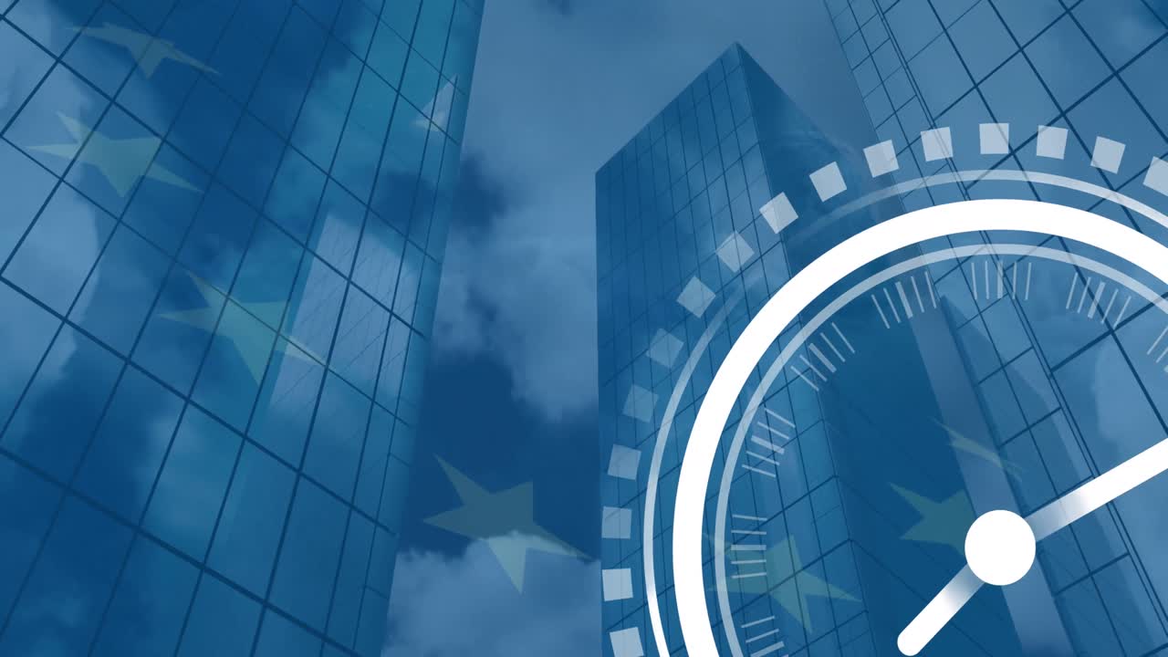 animación del icono del reloj de tic-tac sobre ángulo bajo de edificios altos contra la bandera de la ue ondeando
