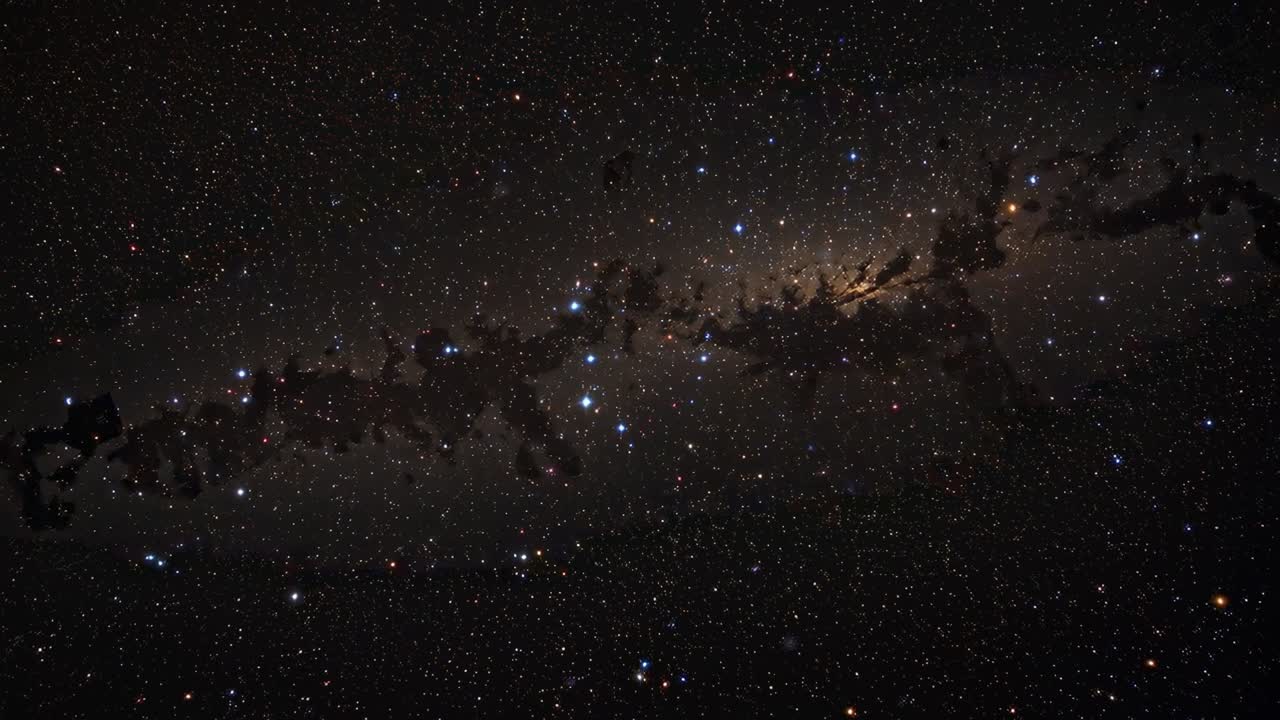 Banda della Via Lattea alla deriva e campo stellare che scivola con la rotazione della Terra sopra il cielo buio, che mostra le corsie di polvere