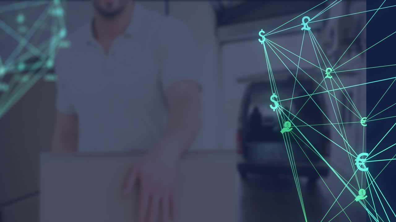 Animation of media icons over caucasian male deliverer