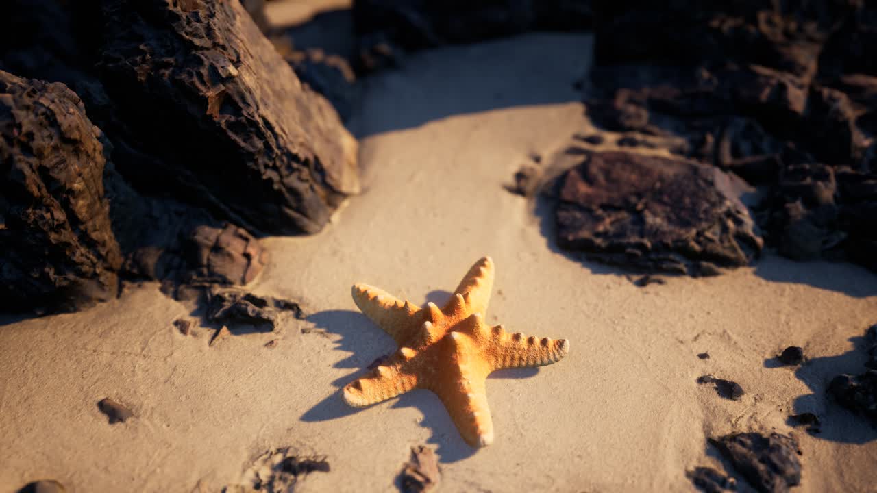 Starfish on sandy beach at sunset