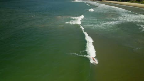 aerial view of a surfer paddling and riding a small wave on the tropical island of trinidad