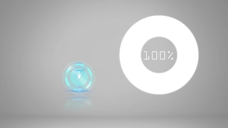 Animation of clock with moving hands and white ring filling to 100 percent, on grey background
