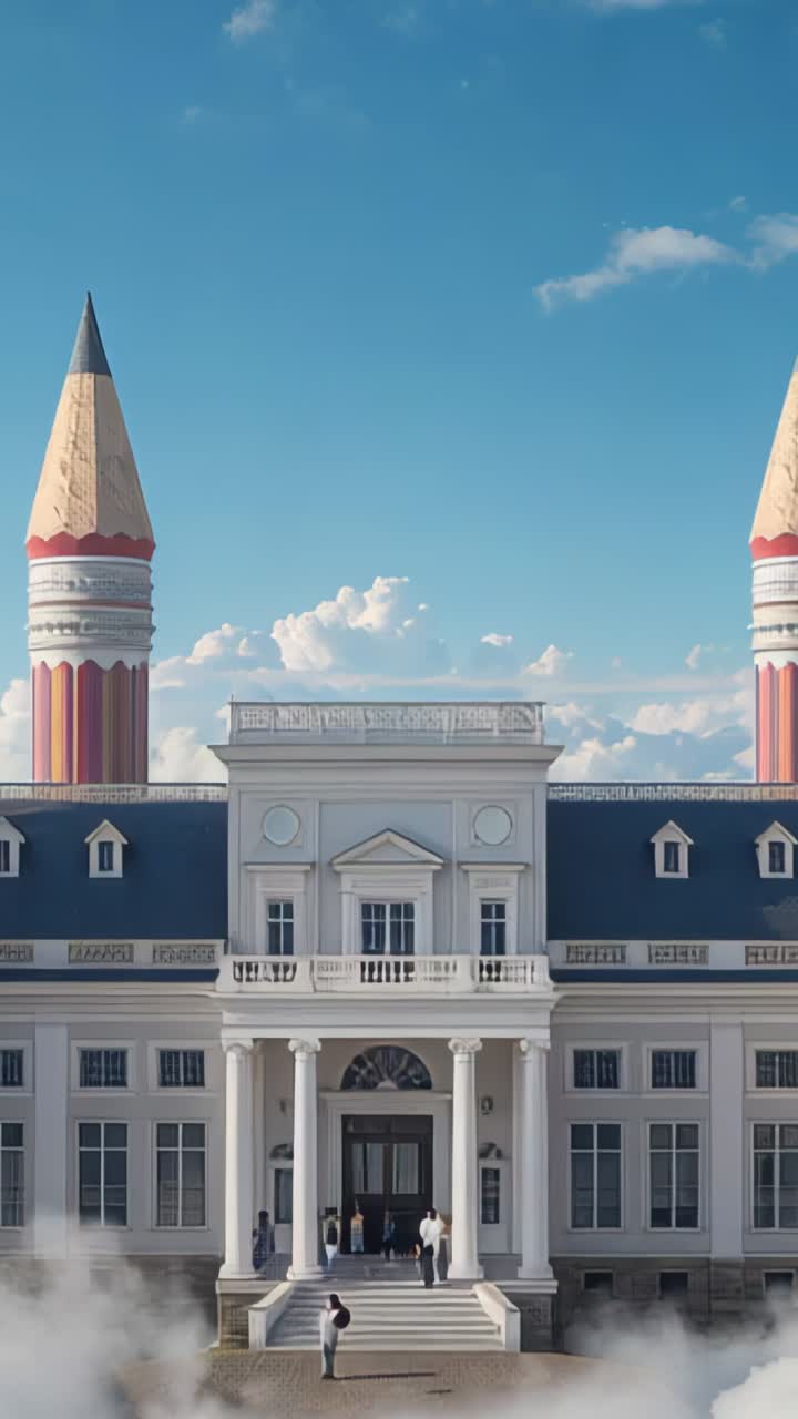 Vertical video: Entering frame visitor ascending steps at doorway with pencil towers, meeting group