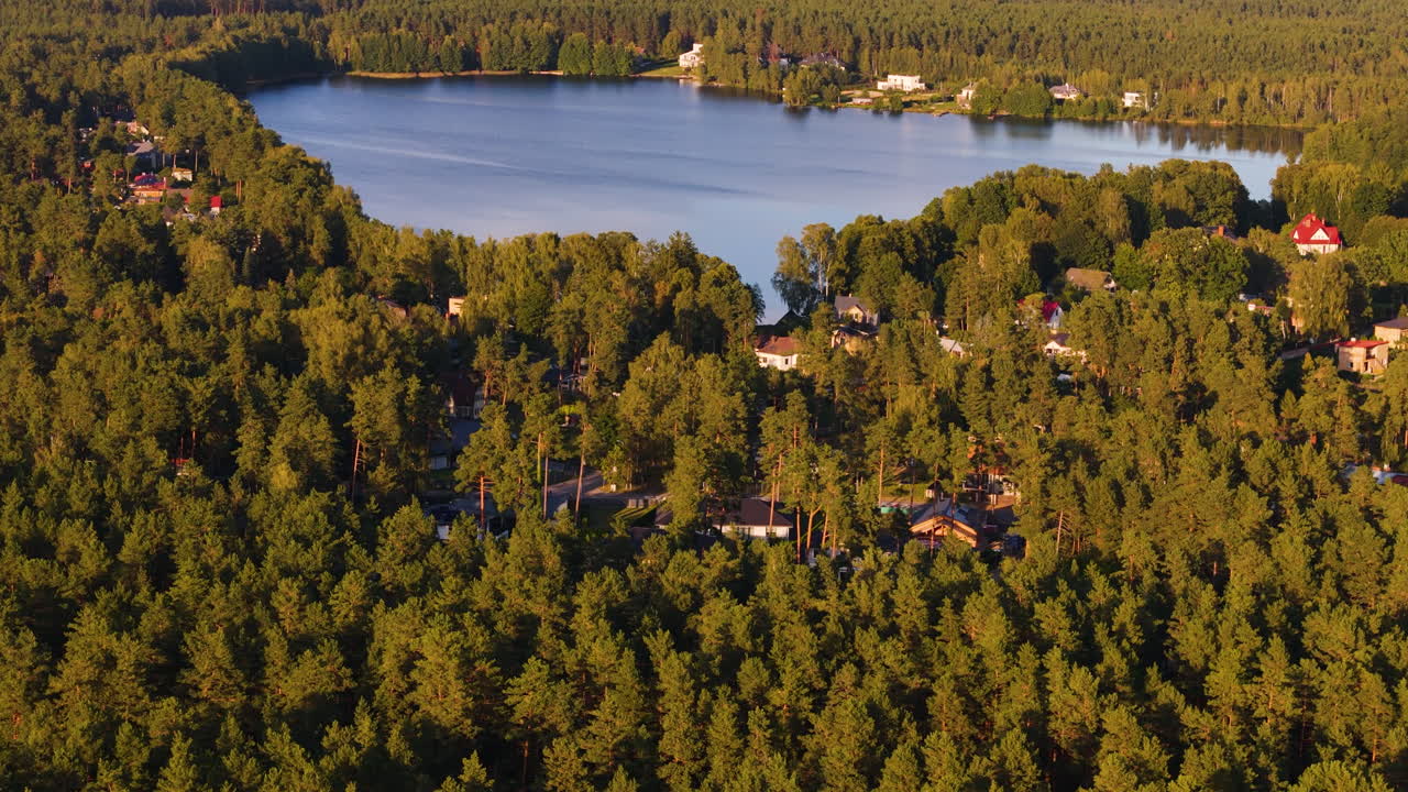 라트비아의 여름날에 랭스티니 호수를 드러내는 뒤로 날아다니는 트 업