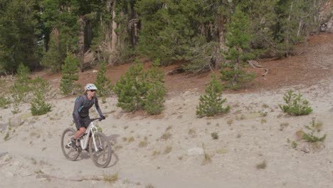 Two-mountain-bikers-ride-on-a-path-near-a-forest