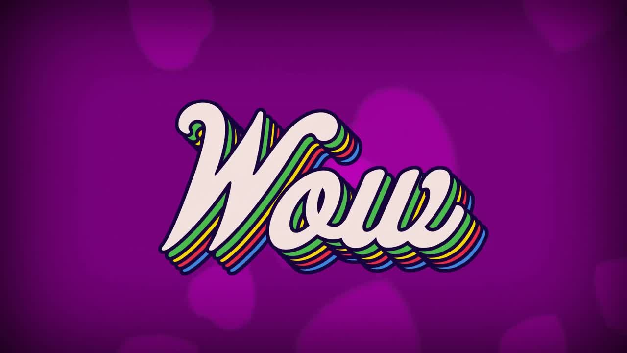 animación digital de texto wow multicolor en estilo retro contra múltiples iconos de corazón en un dorso púrpura