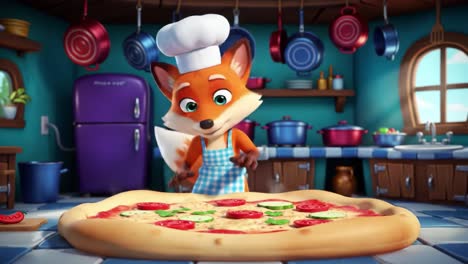a charming fox chef creates a delicious pizza in a colorful kitchen full of ingredients, showcasing culinary skills with fresh vegetables and dough preparation