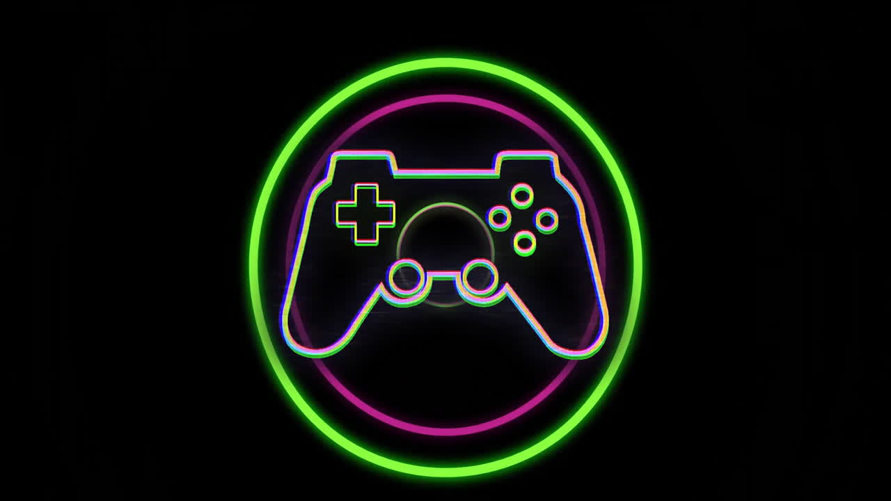 Glowing green and pink accents on neon outline of gaming controller animation
