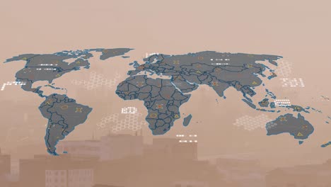 Animación-Del-Mapa-Mundial-Y-Procesamiento-De-Datos-Frente-A-La-Vista-Aérea-Del-Paisaje-Urbano