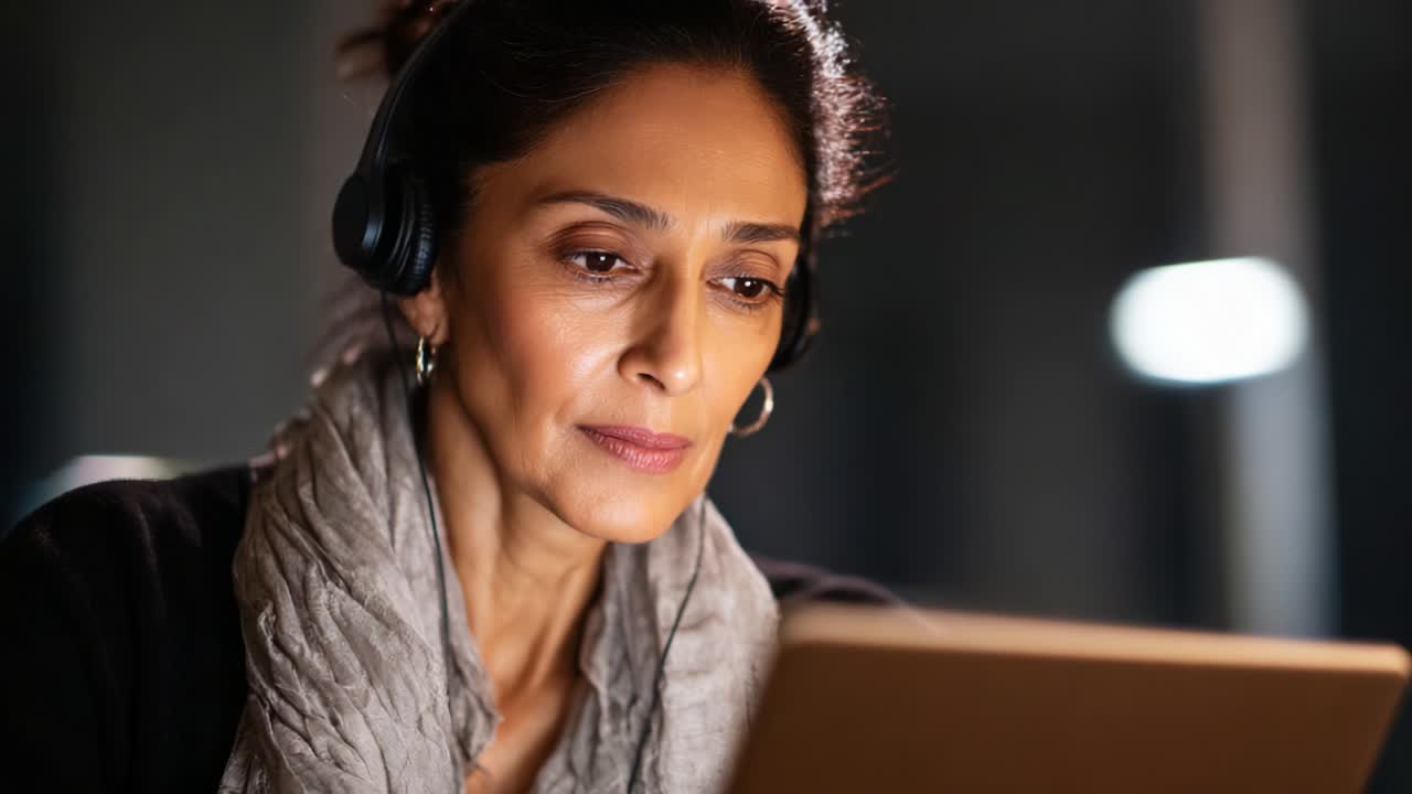 En kvinde bruger teknologi om natten og udviser følelser som koncentration og glæde, mens hun interagerer med sin tablet og fordyber sig i en digital verden med sine hovedtelefoner