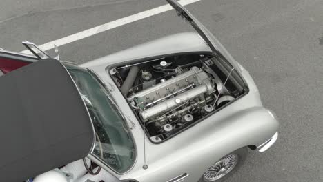 engine bay of vintage car. top-down view