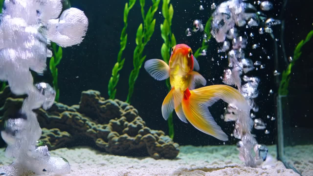 Cena de vídeo subaquática com um peixinho dourado nadando perto de rochas e plantas
