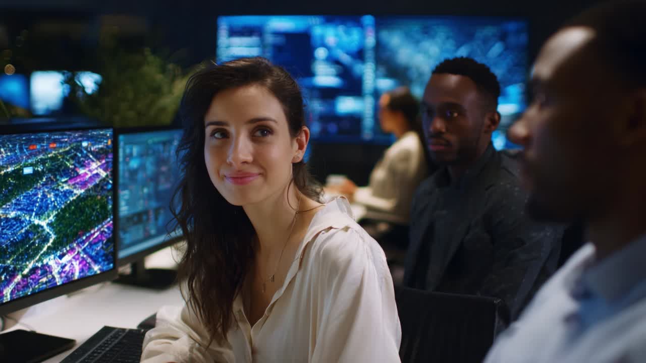 A Captivating Scene of Professionals Engaged in High-Tech Analysis in a Modern Workplace Surrounded by Multiple Computer Screens, Showcasing Collaboration and Innovative Digital Technology
