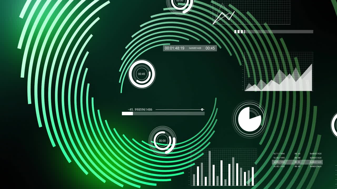 Green circular patterns and data charts, futuristic animation of data processing