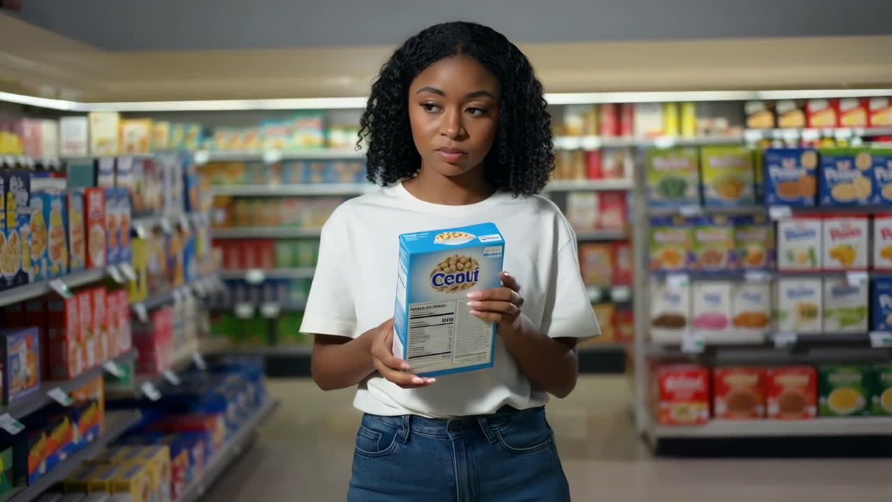 A woman examines a cereal box in a supermarket aisle