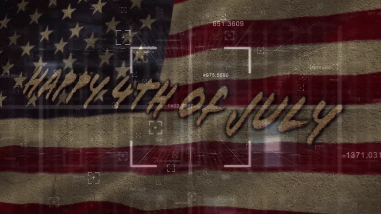 múltiples números cambiantes y escaneo de alcance cuadrado sobre el 4 de julio texto contra agitarnos la bandera