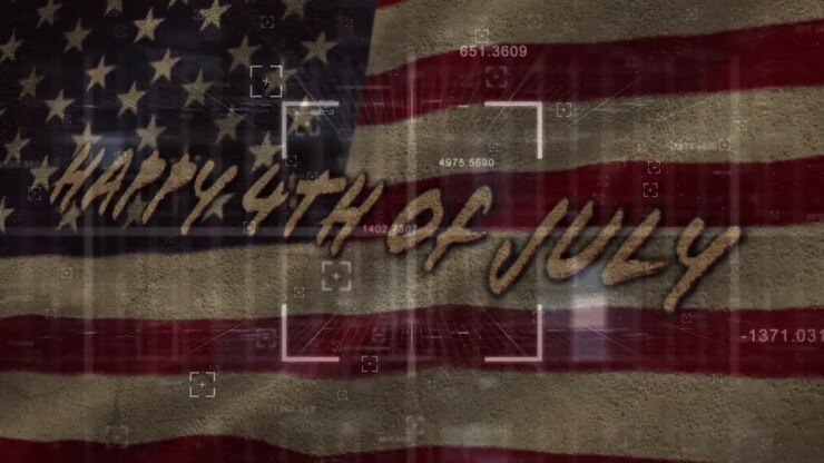 Multiple changing numbers and square scope scanning over 4th of july text against waving us flag