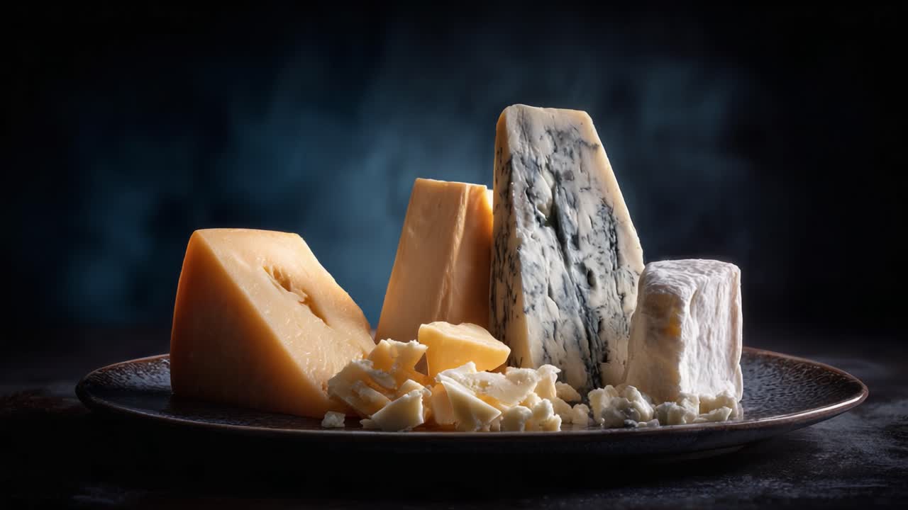 An Artistic Display of Gourmet Cheeses on a Dark Plate, Showcasing Varieties with Unique Textures and Colors Under Dramatic Lighting