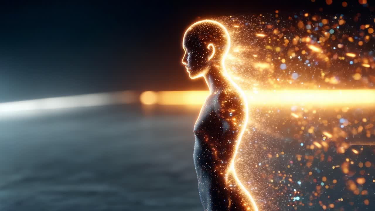 A mesmerizing visual representation of a figure radiating vibrant energy and luminescence, showcasing an ethereal transition where light and particles blend seamlessly into the surroundings