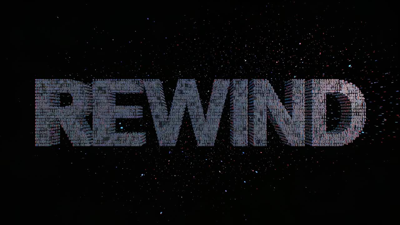 Animating big all caps REWIND as dim tiles brightening and assembling on black void specks drifting