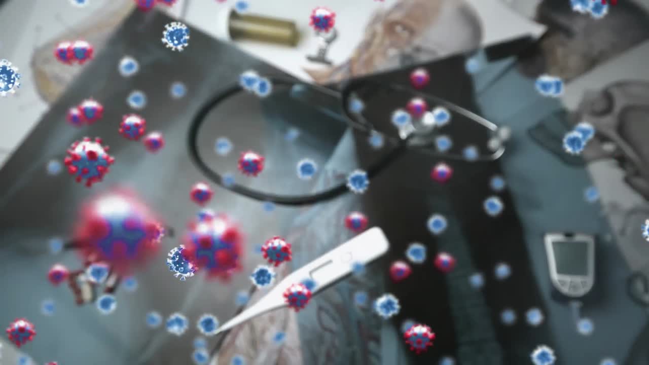 의료 장비에 떨어지는 온도계 위에 떠다니는 거대한 코로나19 세포의 애니메이션