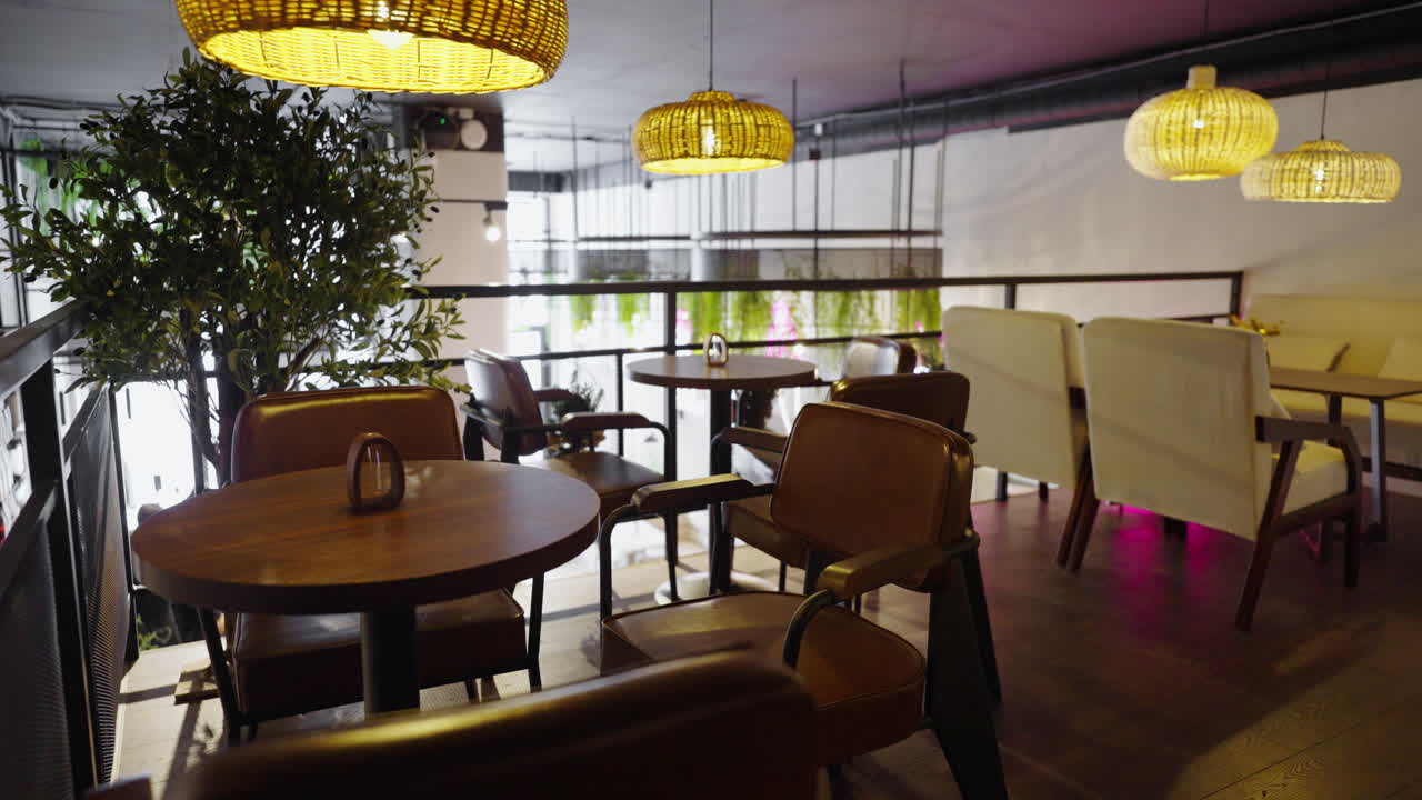 Modern Cafe Interior with Wicker Lamps