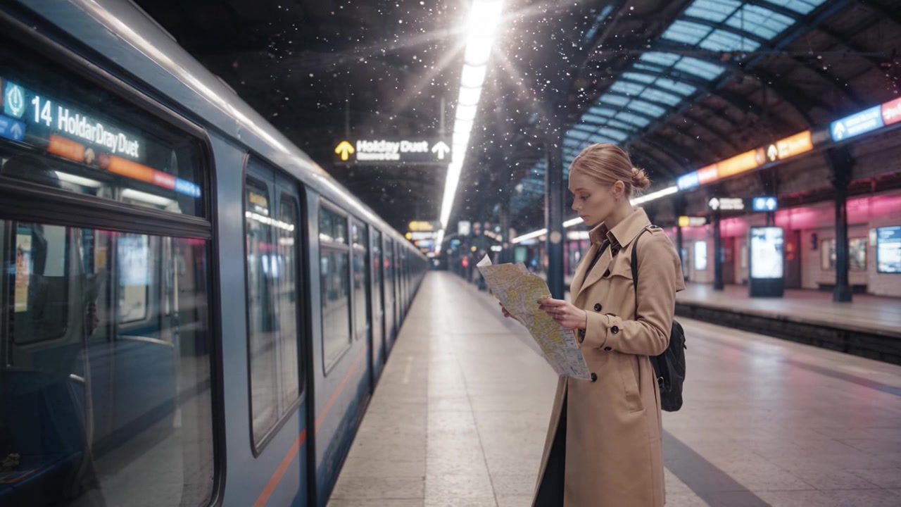 Una donna in trench studia una mappa mentre aspetta in una stazione della metropolitana vuota, illuminata da insegne sopraelevate in un ambiente urbano contemporaneo.