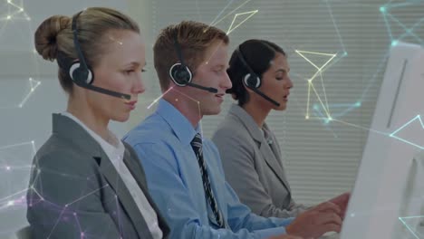 Animation-of-networks-of-connections-over-business-people-using-phone-headsets