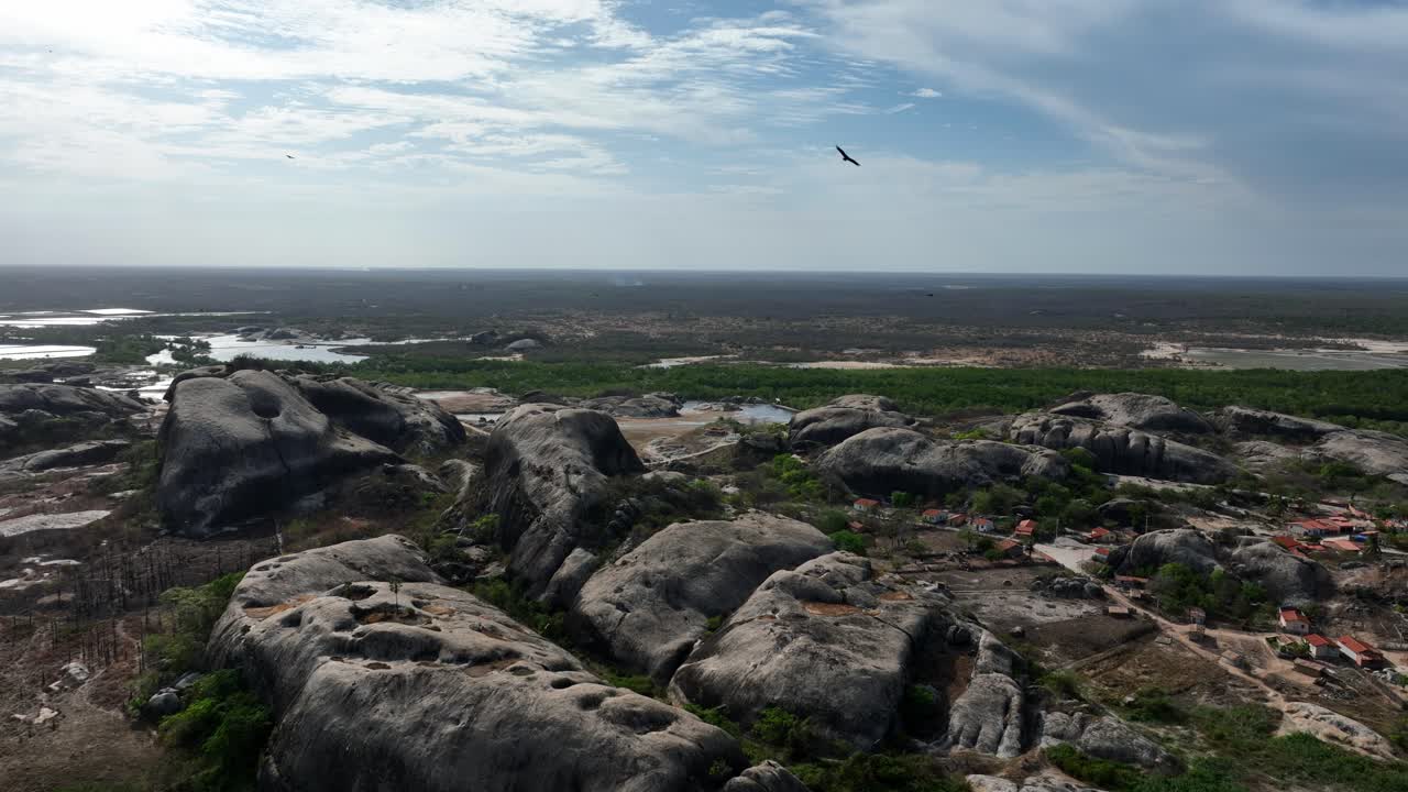 Geological Rock Formations At Pedra das Carnaúbas In Chaval, Ceará, Brazil. Aerial Wide Shot
