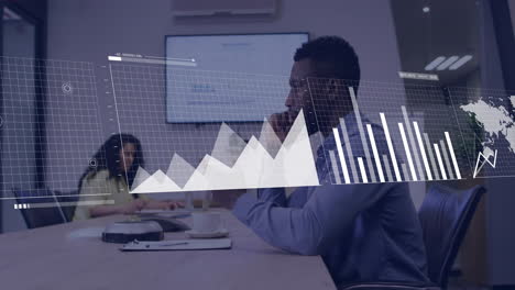 animation of financial data processing over diverse business people in office