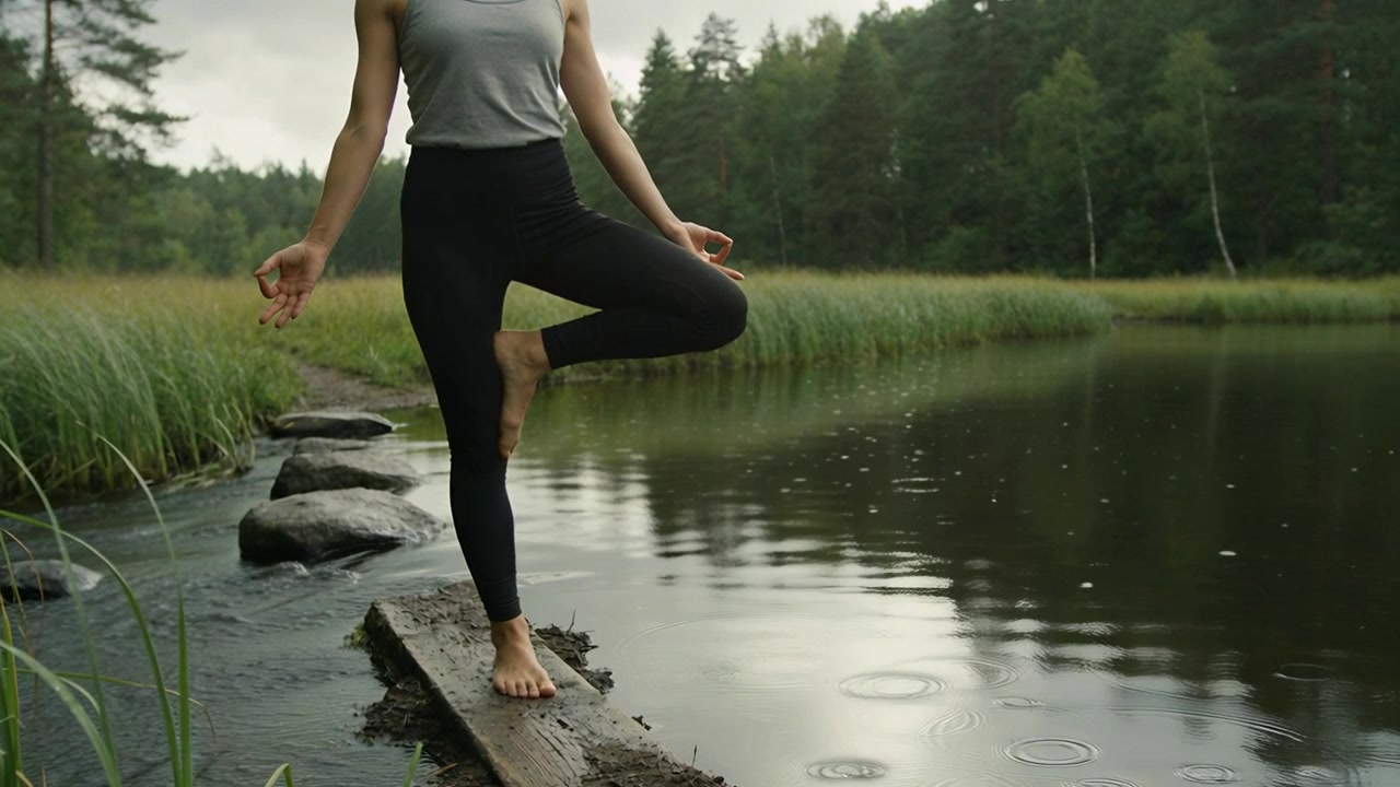 Yogi in equilibrio, vestito di grigio, pratica la posizione dell'albero su una tavola al lago mentre la pioggia crea increspature.