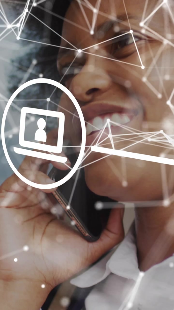 Animation of icons and business data over african american woman using smartphone