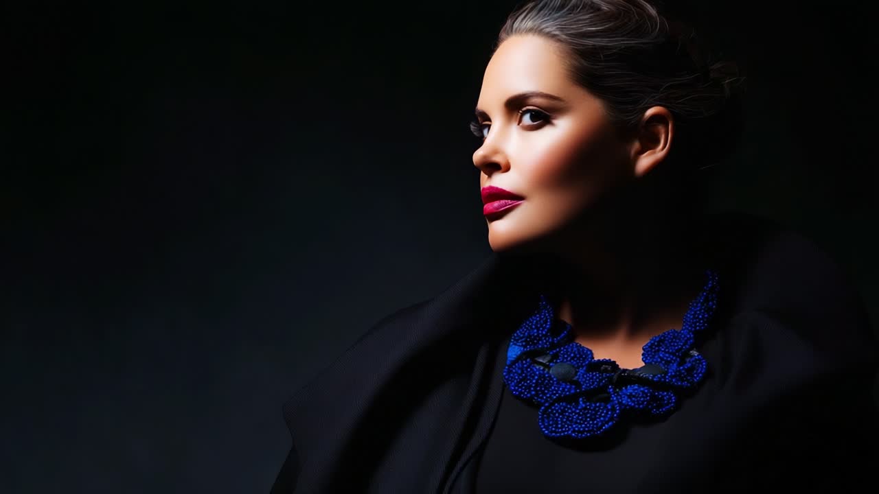 Elegant Portrait of a Woman in Dark Attire with Bold Blue Necklace Against a Dramatic Background Showcasing Fashion, Confidence, and Beauty in Still Photography