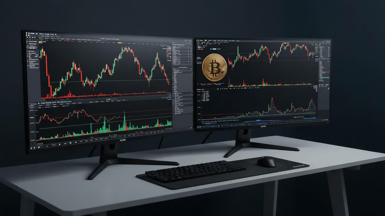 Uma Configuração de Monitor Duplo Exibindo Análise do Mercado de Criptomoedas com Gráficos de Bitcoin e Indicadores Técnicos para Insights de Trading