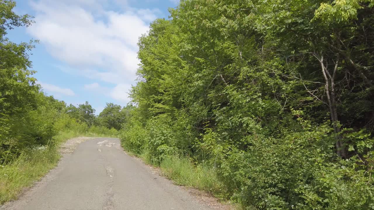 Cracked and damaged asphalt road in forest area, photographed by the sunroof of a moving car. Green trees, shrubs and grass. Blue sky with white clouds. Spring sunny day
