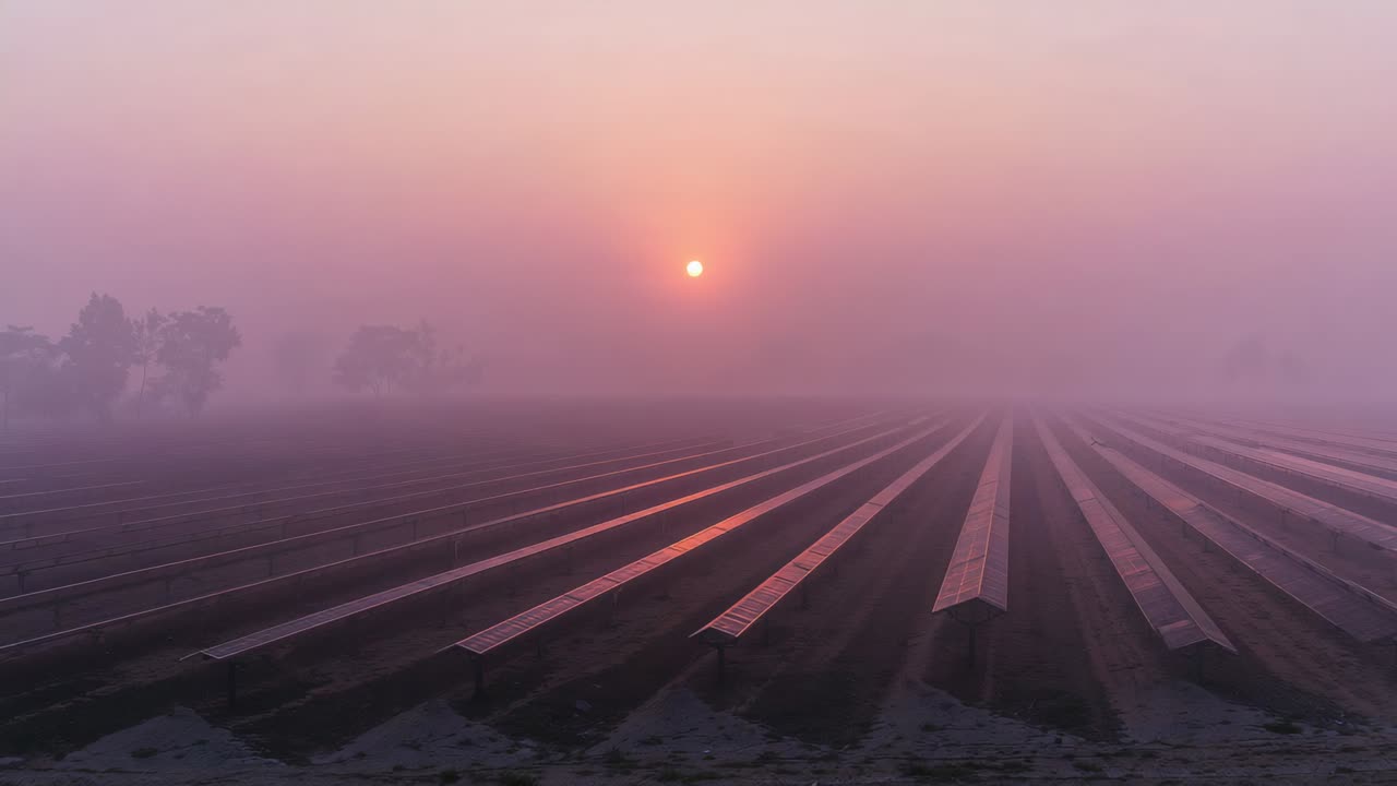 Rising sun brightening misty cultivated field at farmland sunrise, with reflective mulch strips