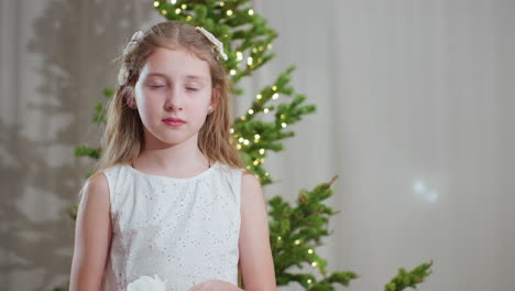 young girl in white gown standing calmly in front of decorated christmas tree with soft lights, wearing white flower hair accessory, creating peaceful and festive atmosphere during holiday season