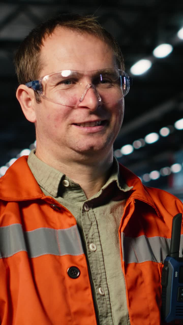 Vertical Video Industrial personnel with safety vest and safety glasses in fabrication workshop